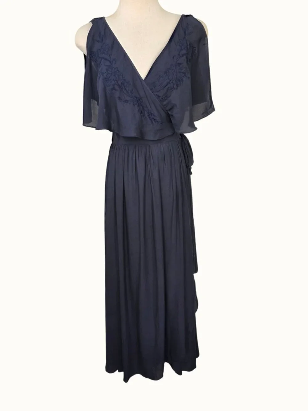 Free People Embroider Navy Ruffle Cape Collar Wrap Maxi Dress M Lightweight Boho